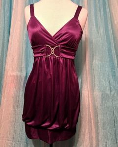 Purple satin mini dress - v neck tank - medium - homecoming - short